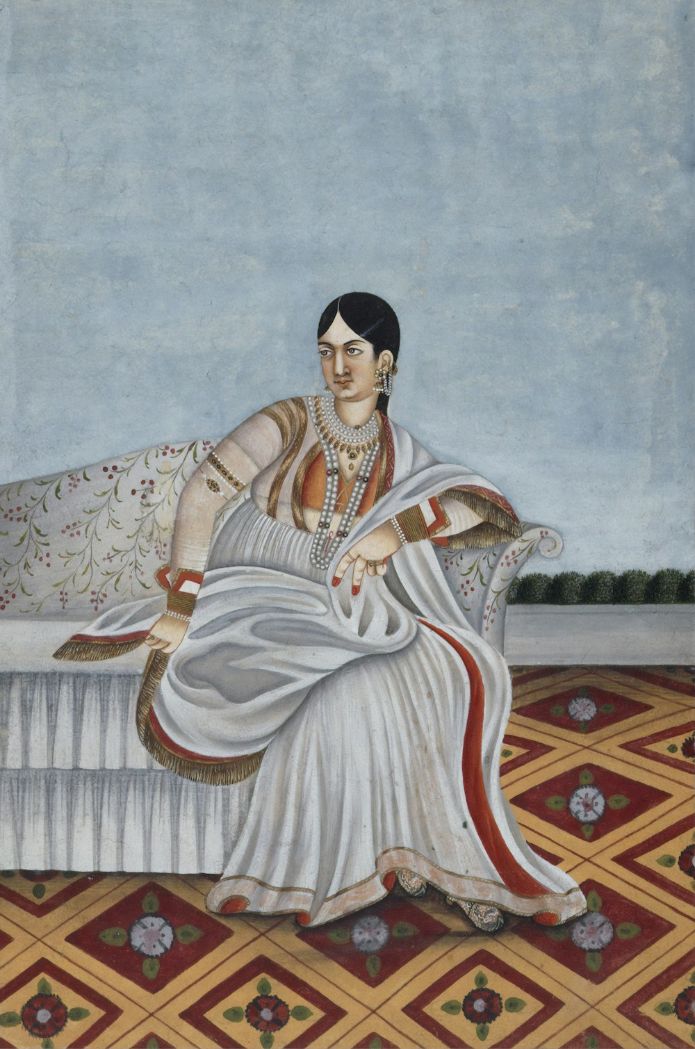 Una pintura de una mujer sentada en una cama