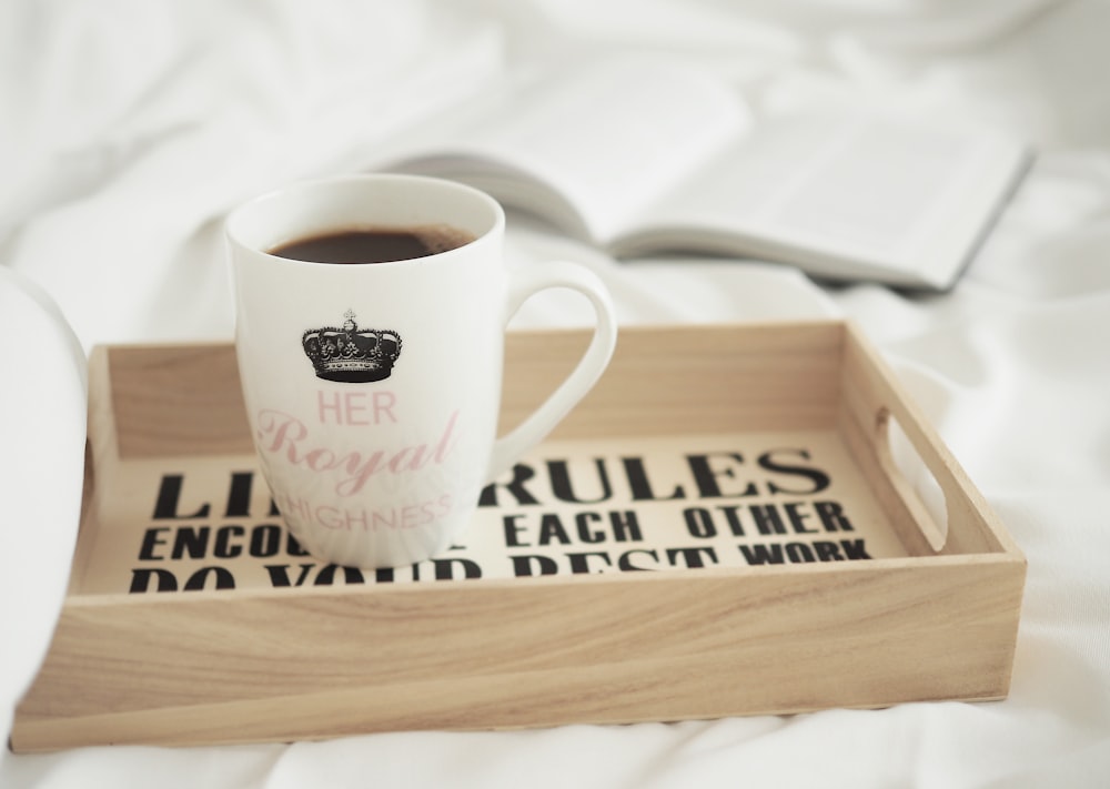 white and pink her Royal printed ceramic mug on wooden tray