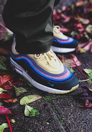 A close-up of a vibrant, multicolored sneaker stepping on a sidewalk covered with assorted fallen leaves. The shoe features a layered design of blue, pink, gray, and yellow hues. The foliage on the ground consists of green, red, and brown leaves, indicating an autumn setting.