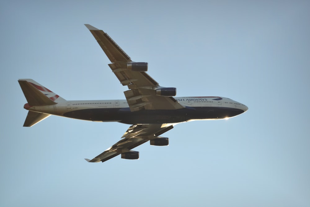 flying grey and blue plane during daytime