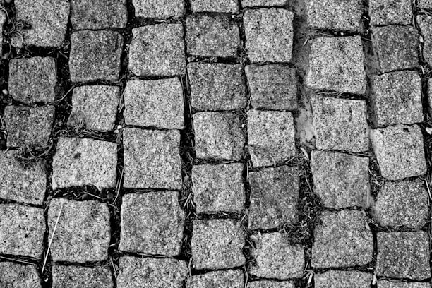 An arrangement of cobblestones in a regular pattern with small gaps in between them. The stones display a rough texture and uneven surfaces, with some grass and soil visible in the crevices.