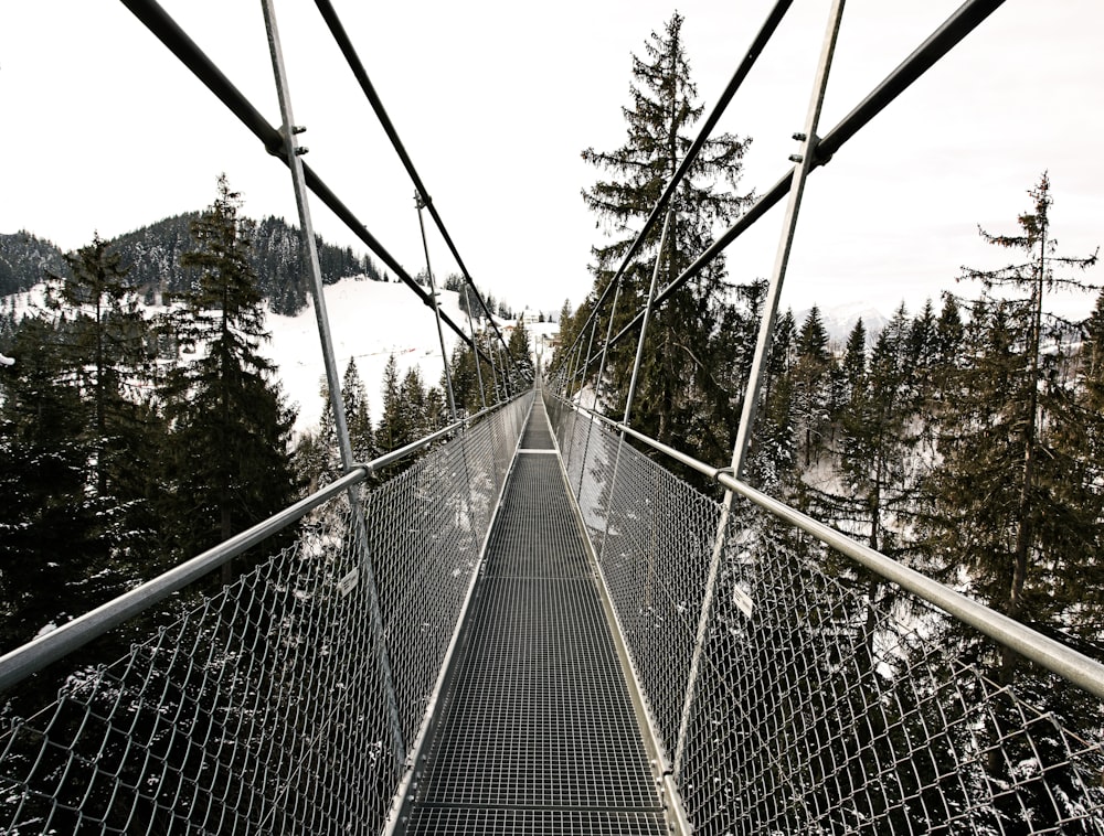 a man walking across a suspension bridge over a snow covered forest