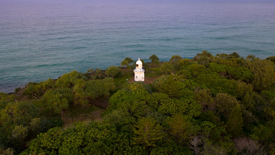 bird's-eye view photo of lighthouse surrounded by trees near sea
