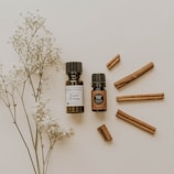 Two small bottles of essential oils are placed on a light surface, accompanied by several cinnamon sticks arranged to the right. A sprig of delicate white flowers lies on the left side, adding a natural touch to the composition.