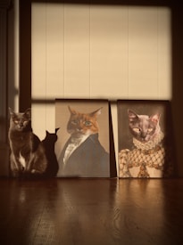 A real cat sits calmly next to two portraits of cats dressed in historical attire. The first portrait shows a cat in a suit and tie, while the second depicts a cat in an elaborate gown. Sunlight casts dramatic shadows across the floor and wall, enhancing the warm tones of the scene.