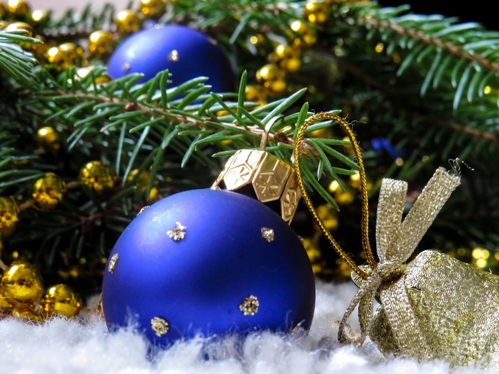 blue and gold bauble Christmas decor
