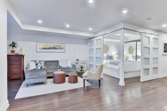 gray sectional sofa beside wall