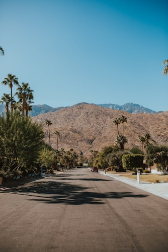 Street leading to desert hill in Palm Springs, California