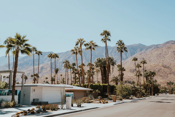 A warm photo of Payal Patel and Amie Arbid standing in front of a charming desert home with palm trees and mountains in the background.