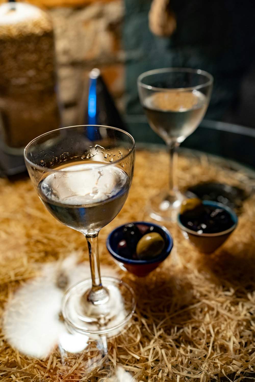 two clear glass wine bottles