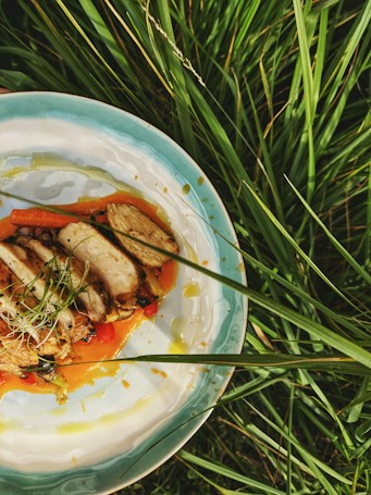 A plate of sliced grilled chicken with a garnish of microgreens rests on a bed of vibrant orange puree and assorted vegetables. The setting includes lush green grass surrounding the dish, providing a natural and earthy background.
