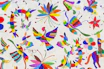 a painting of colorful birds and butterflies on a white background