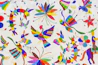 a painting of colorful birds and butterflies on a white background