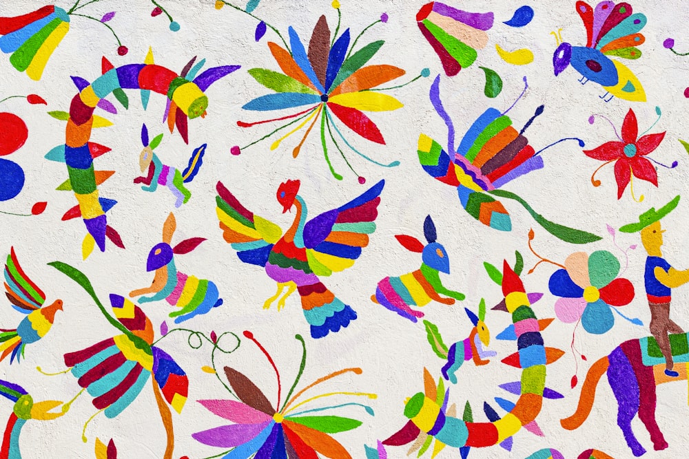 a painting of colorful birds and butterflies on a white background