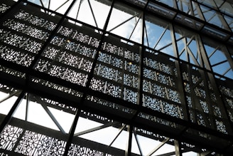Intricate metallic lattice patterns framed within a transparent glass structure, allowing glimpses of the blue sky through geometric designs.