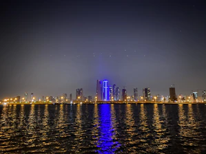 A sleek nighttime New York City skyline with glowing blue accents reflecting the brand colors.