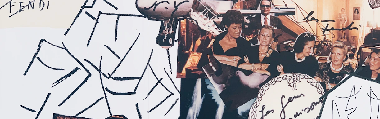 A vibrant collage composed of various images and handwritten notes. The collage includes a classical sculpture, a modern art piece with geometric shapes, photographs of people enjoying a gathering, and a luxury private jet. There are images of opulent interiors featuring chandeliers, and an elegant painting of a historical building. Architectural elements like an ornate building facade and handwritten notes add to the eclectic feel.