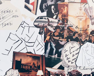 A vibrant collage composed of various images and handwritten notes. The collage includes a classical sculpture, a modern art piece with geometric shapes, photographs of people enjoying a gathering, and a luxury private jet. There are images of opulent interiors featuring chandeliers, and an elegant painting of a historical building. Architectural elements like an ornate building facade and handwritten notes add to the eclectic feel.