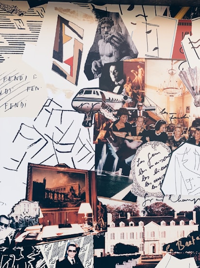 A vibrant collage composed of various images and handwritten notes. The collage includes a classical sculpture, a modern art piece with geometric shapes, photographs of people enjoying a gathering, and a luxury private jet. There are images of opulent interiors featuring chandeliers, and an elegant painting of a historical building. Architectural elements like an ornate building facade and handwritten notes add to the eclectic feel.