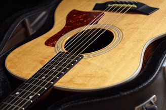 An acoustic guitar resting inside a protective case, with its natural wood finish and intricate details of the strings, sound hole, and pickguard clearly visible.