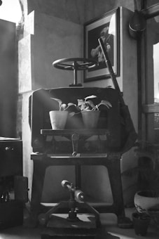 A black and white scene featuring an old mechanical press with a large wheel, situated in an interior room. On top of the press, there are two small potted plants. The background shows a framed picture of a person and architectural details like a brick archway and a window. A soft light beam illuminates part of the scene.