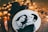 A black and white embroidered portrait of a couple in a circular hoop placed on a textured surface. Surrounding the embroidery are small, warm yellow fairy lights and dark brown pine cones. A glossy, brown leaf lies nearby, enhancing the rustic and cozy atmosphere.