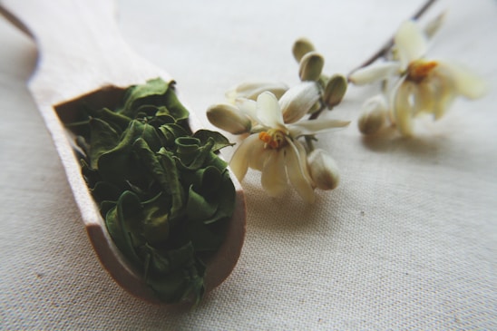A spoon with vibrant green moringa powder resting on a wooden surface alongside fresh moringa leaves.