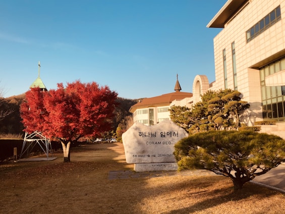 A large stone with Korean writing and 'CORAM DEO' inscribed on it lies on a manicured lawn. To the left, a vibrant red tree stands near a structure with a cross on top. In the background, a building with modern architectural features and tall windows is visible, alongside carefully trimmed greenery.