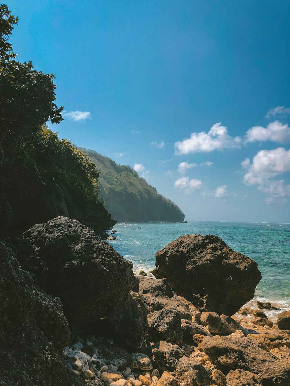 sea shore with rocks near mountain during daytime