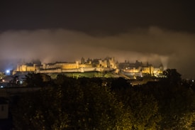 An illuminated medieval castle is surrounded by mist, with warm lighting highlighting its stone architecture. The surrounding landscape is dark, with shadowy trees in the foreground and the night sky above.