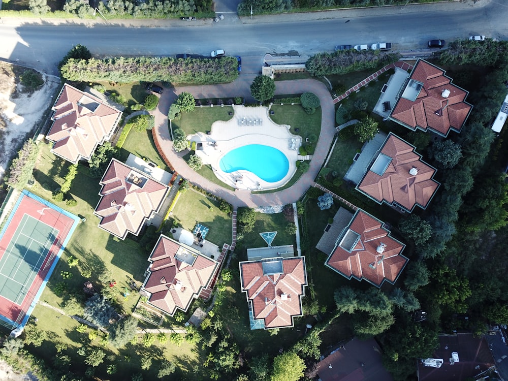 aerial view of brown and white mansions