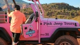 man in brown shirt sitting on pink truck during daytime