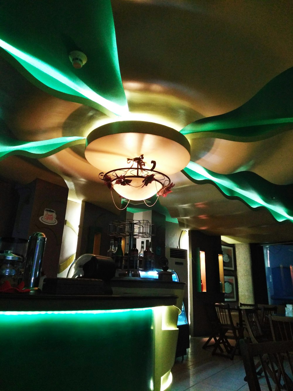 turned-on ceiling light at the restaurant