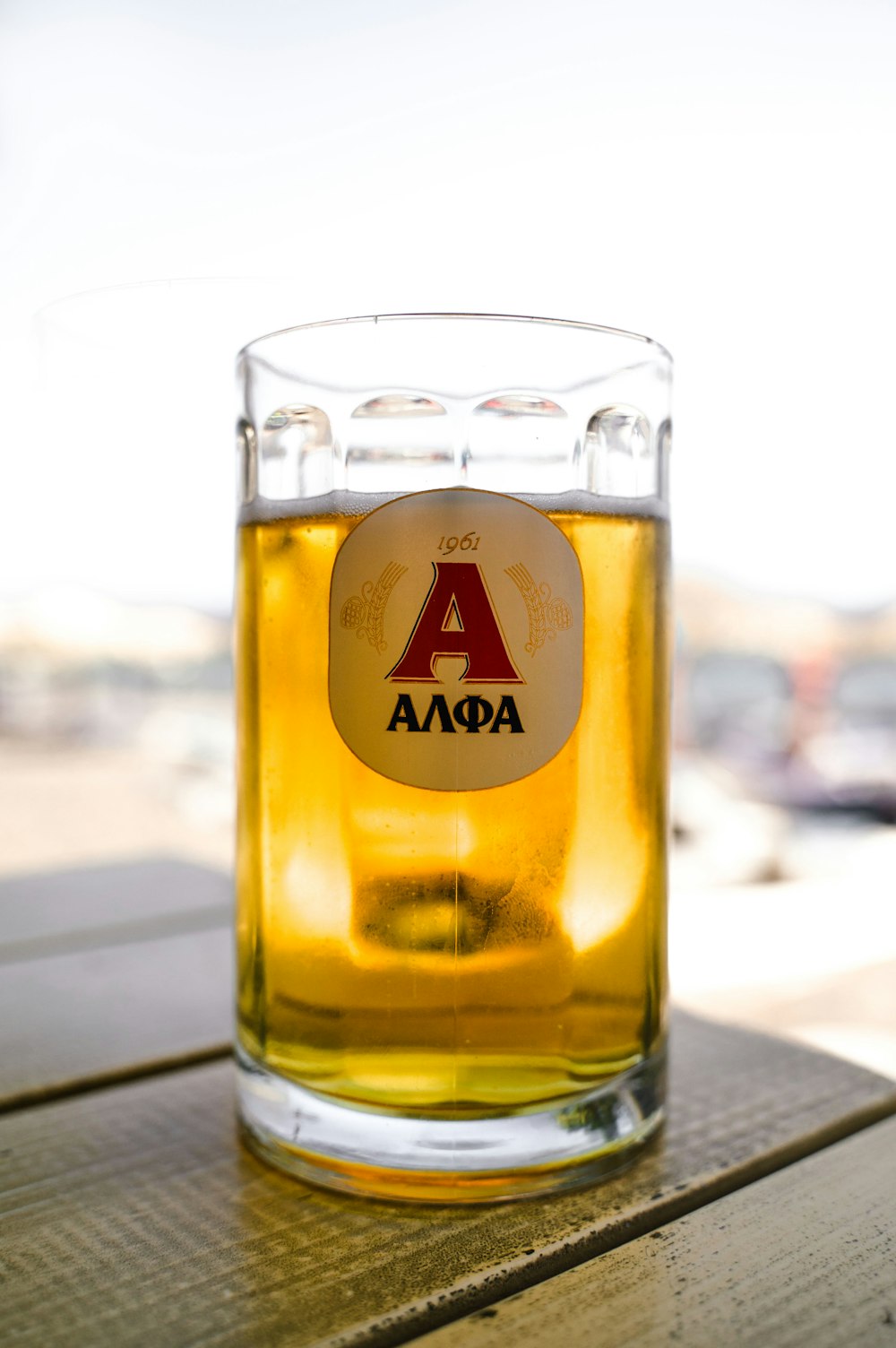 beer mug on brown wooden table