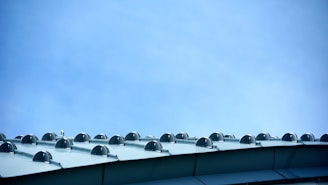 A curved, metallic roof structure with evenly spaced, dome-shaped glass or plastic covers, set against a clear blue sky.