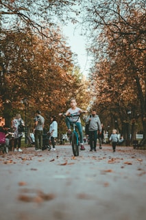 A family riding bicycles together along a peaceful park path in autumn