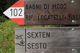A wooden signpost with two sections, each pointing in different directions. The top sign has a red and white triangular pattern with '102' and text in Italian referring to locations like 'Bagni di Moso' and 'Rif. Locatelli-Innerkofler.' The bottom sign reads 'Sexten Sesto' in black lettering and features a floral emblem. The background has green foliage and wildflowers.