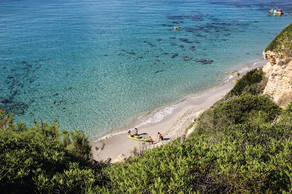 four person on shore beside sea