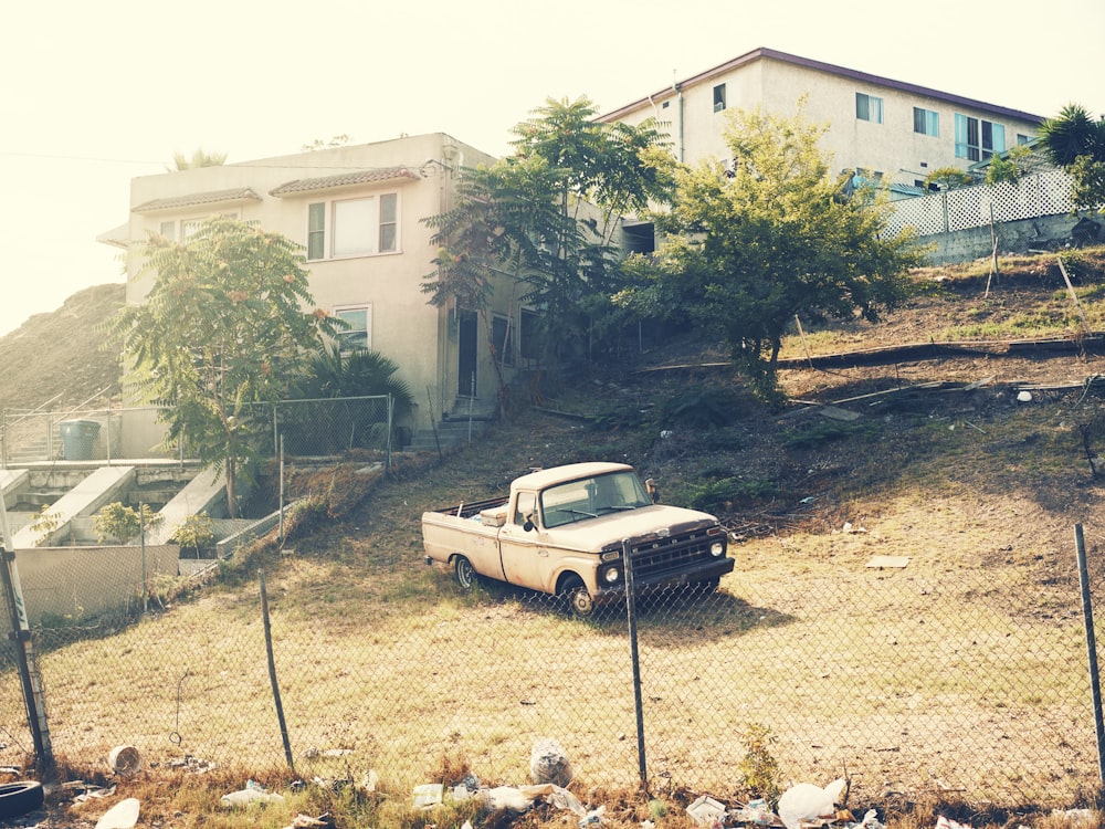 classic white pick up truck on uphill