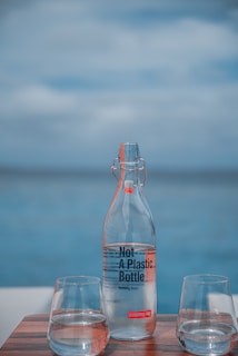 A glass bottle labeled 'Not A Plastic Bottle' containing sparkling water is placed alongside two glass cups, all resting on a wooden surface. The background is a serene view of the ocean under a cloudy sky.