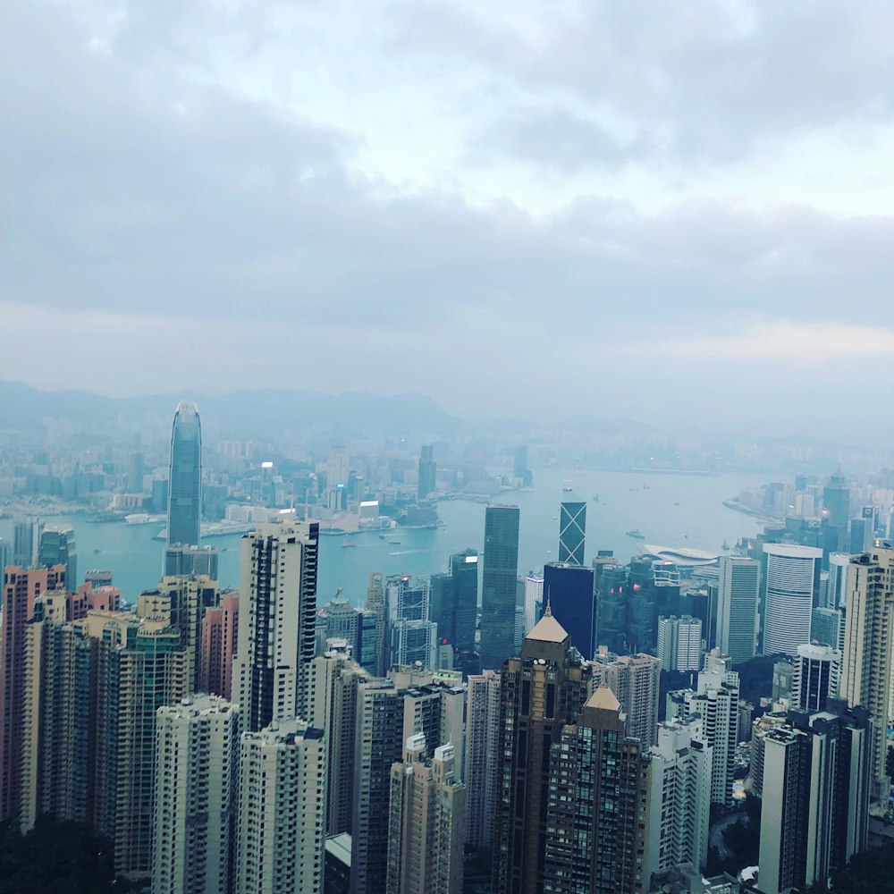 city-scape under white sky