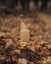 Close-up of freshly pressed apple juice in rustic glass bottles surrounded by autumn leaves.