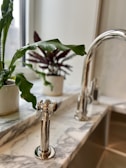 A kitchen countertop with a polished chrome faucet and handle, surrounded by two potted plants with broad green leaves on a marble surface. Natural light is streaming in through a nearby window.