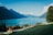 A serene lakeside scene with turquoise water surrounded by lush green hills and distant majestic mountains under a clear blue sky. A charming village with red-roofed houses and a church is nestled by the water.