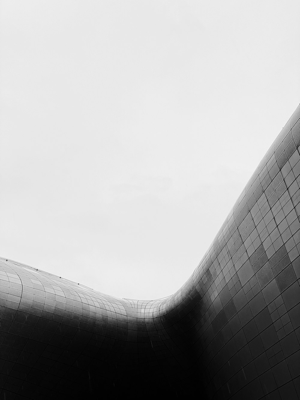 곡선 건물의 흑백 사진