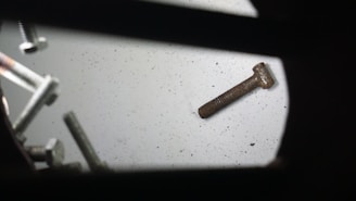 An assortment of metal screws scattered on a flat surface, with both shiny and rusty screws visible. A prominent rusty screw lies detached from the group, emphasizing age and usage contrast.