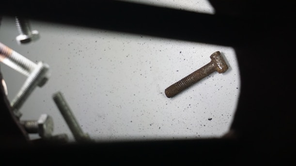 An assortment of metal screws scattered on a flat surface, with both shiny and rusty screws visible. A prominent rusty screw lies detached from the group, emphasizing age and usage contrast.