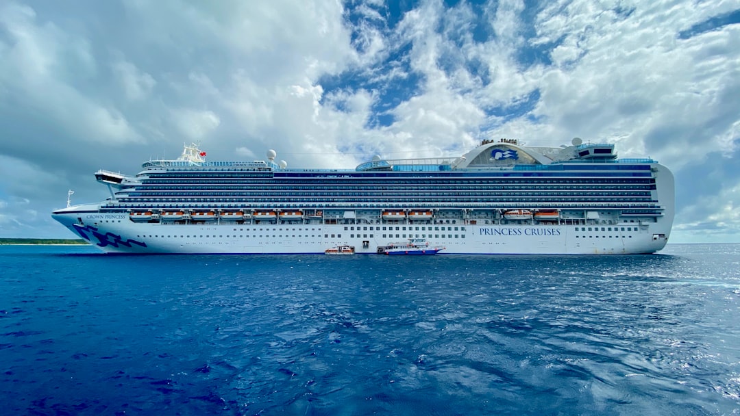 sailing white and blue cruise ship under cloudy sky,