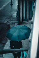 A rainy urban scene where someone confidently walks holding a sleek nimbusia umbrella.