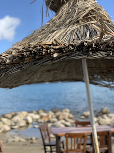 A large patio umbrella shading a wooden barbecue table with grilling tools and fresh ingredients.